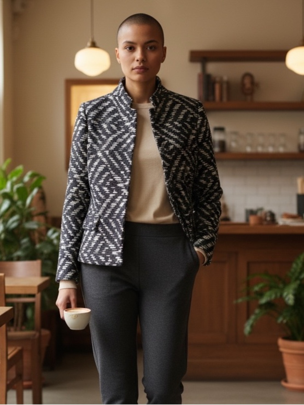 Lafayette 148 Black Ivory Chevron Jacquard Woven Jacket Size 10 Luxury